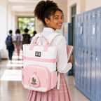 Sac à Dos Scolaire Fille Style Coréen en Toile - Rose et Blanc- Collège & Lycées