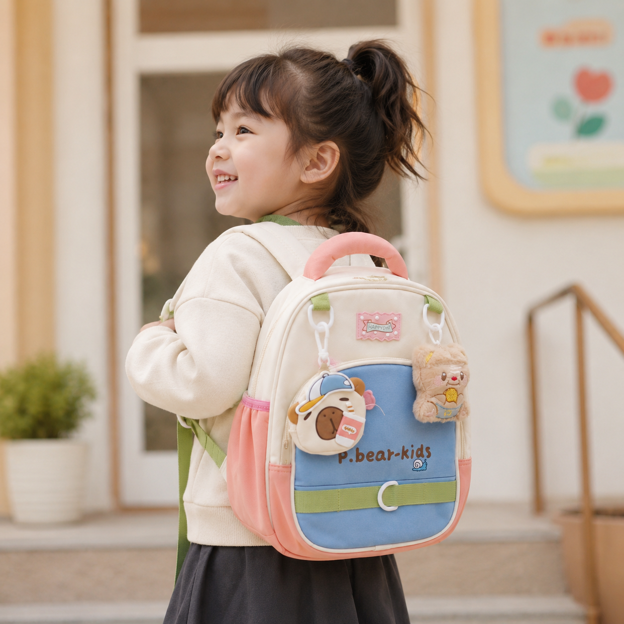 Sac à Dos Maternelle & CP P.Bear Kids Bleu, Rose & Vert – 38 × 28 × 15 cm – 2 à 5 Ans