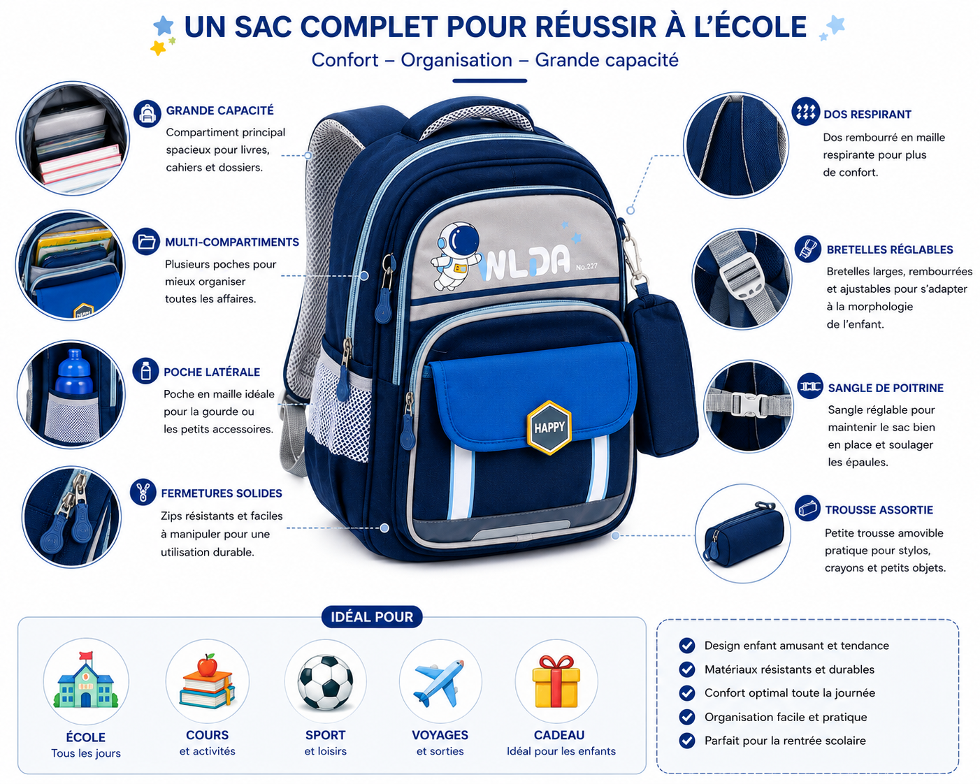 Sac à Dos Scolaire Enfant Astronaute WLDA – Grande Capacité pour Classes de CE et CM - 41 × 30 × 16 cm – Bleu