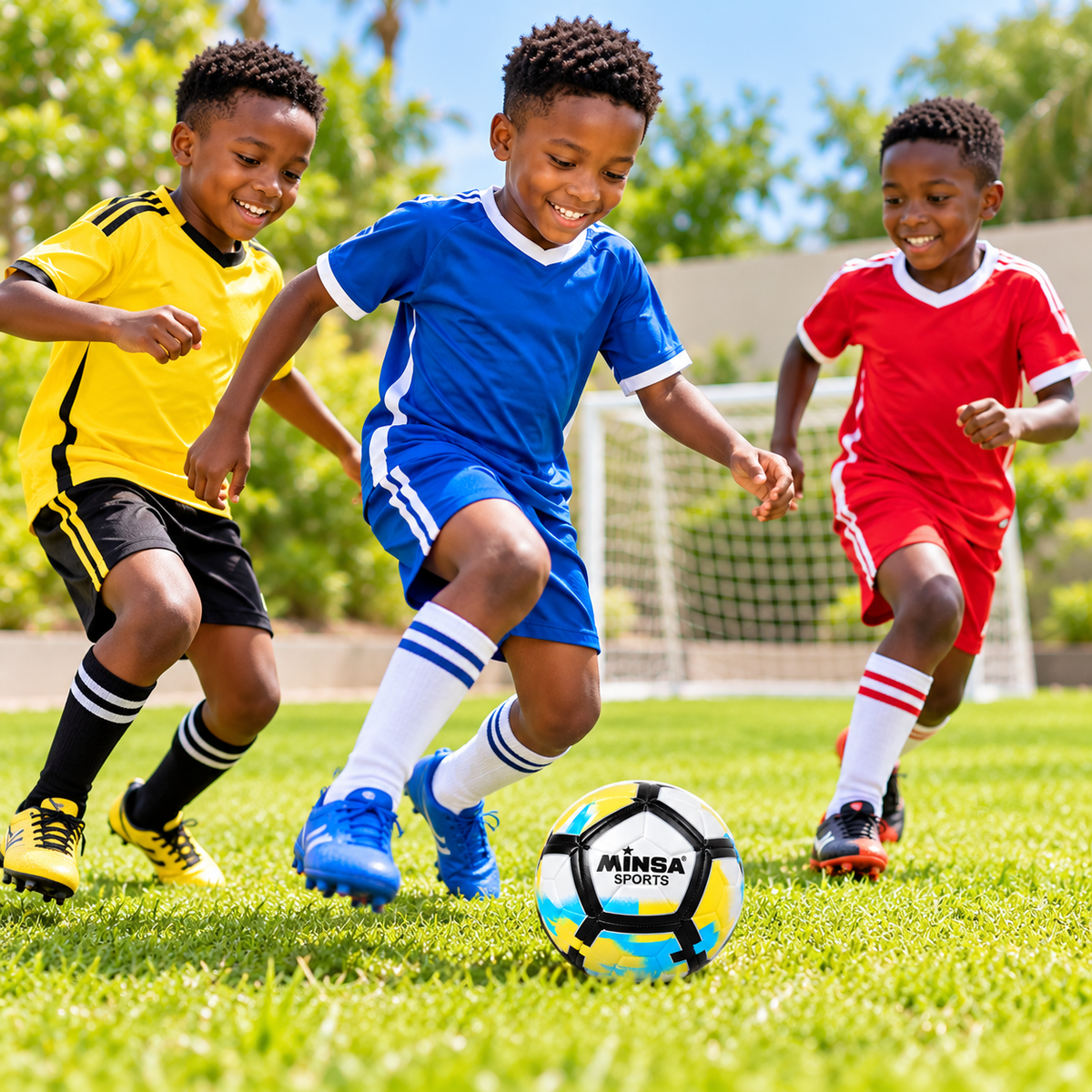 Ballon de Football Junior 6-9 ans MINSA SPORTS – 18 cm – Blanc, Noir, Jaune & Bleu