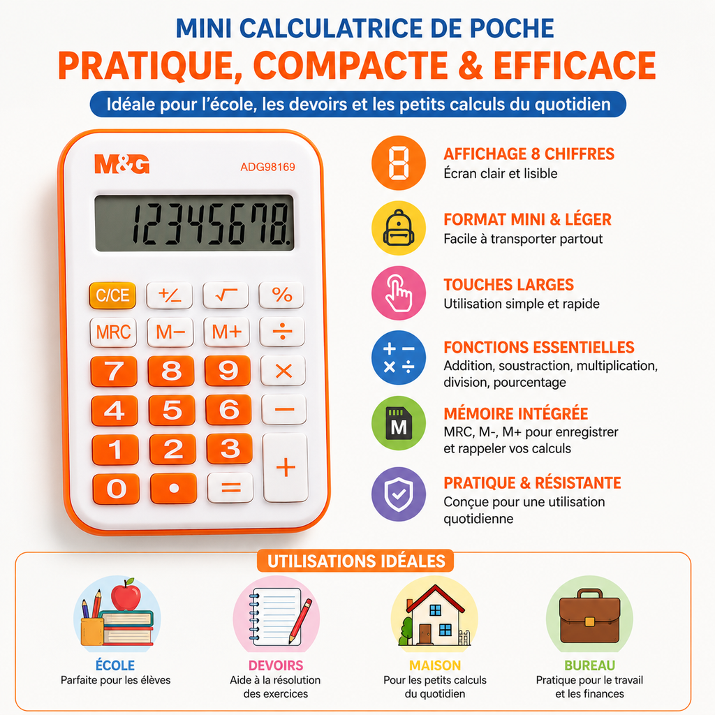 M&G Mini Calculatrice de Poche 8 Chiffres – Orange & Blanche