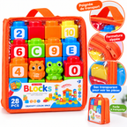 Sac de Blocs de Construction Enfant – 28 Pièces – Chiffres, Lettres & Figurines – 3 Ans+