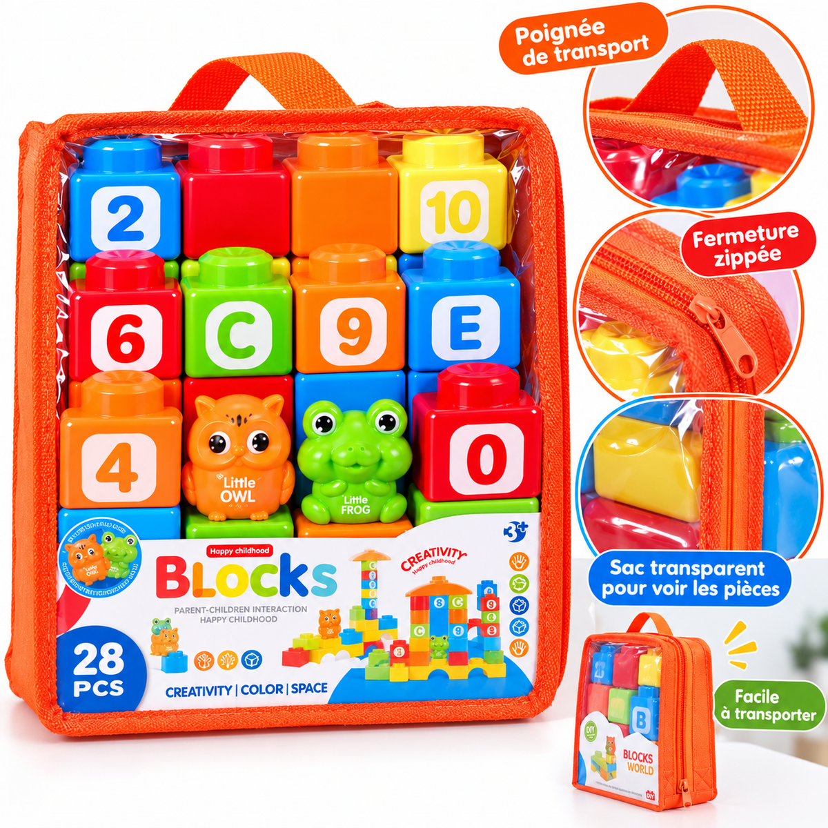 Sac de Blocs de Construction Enfant – 28 Pièces – Chiffres, Lettres & Figurines – 3 Ans+