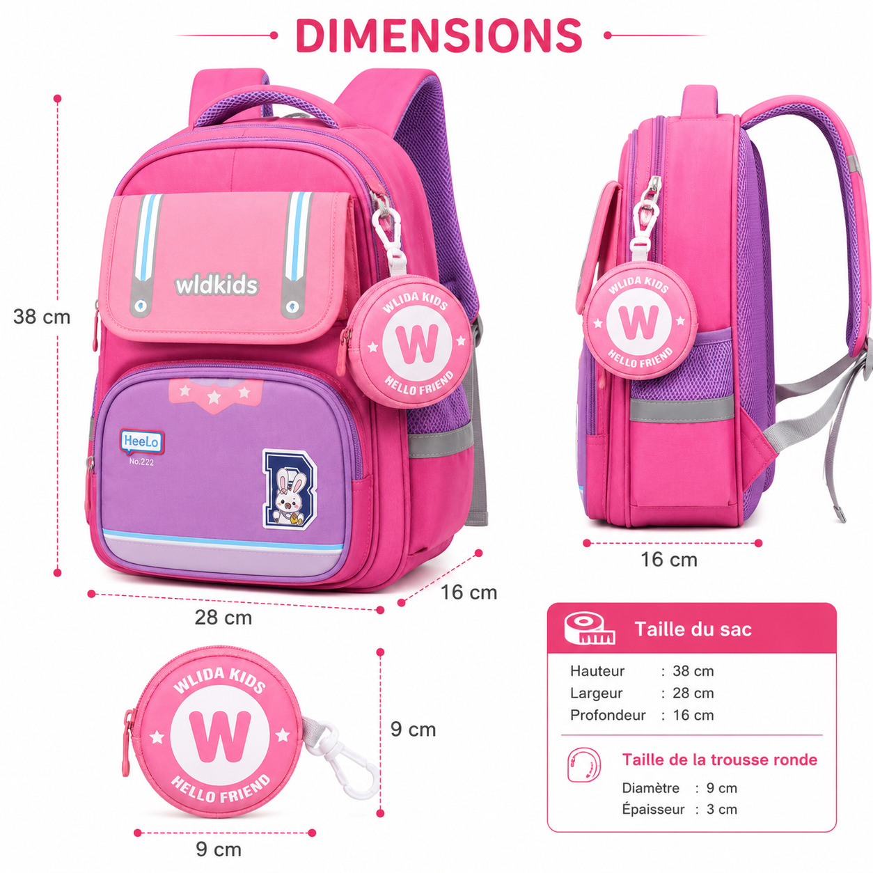 Sac à Dos Scolaire Enfant Wldkids Rose – Classes de CE & CM – Avec Trousse Ronde Amovible