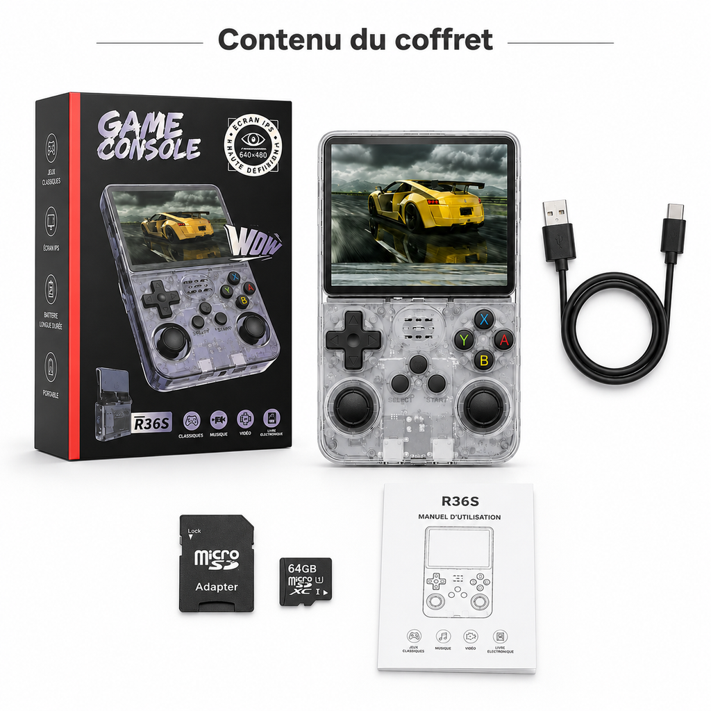 Console de Jeu Portable R36S 64 Go – Écran Couleur, Système Linux et Jeux Rétro