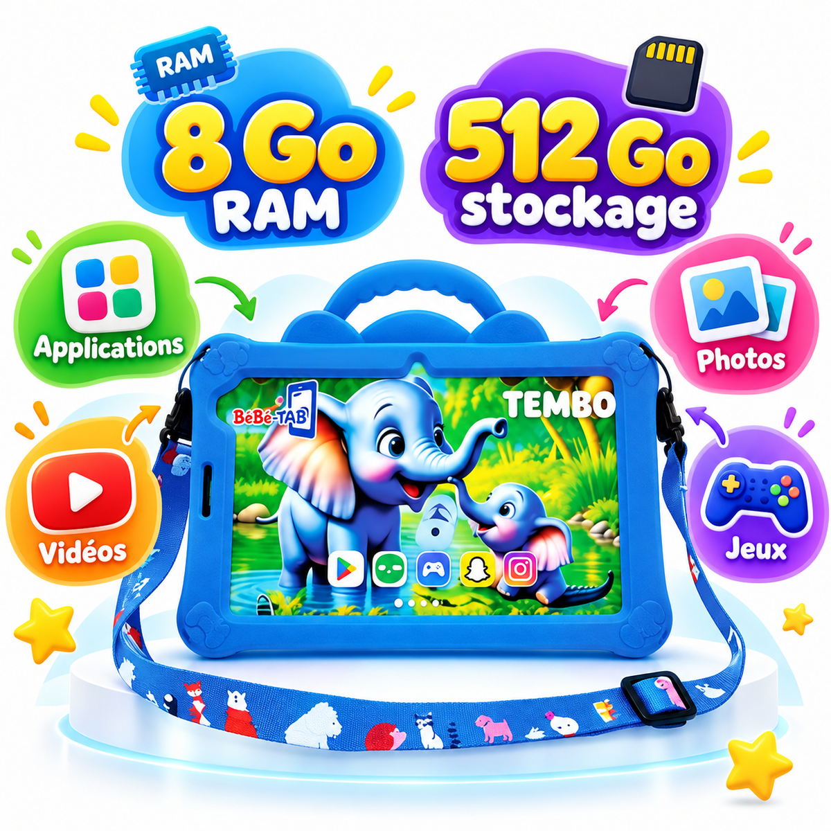 Tablette Enfant BéBé-TAB TEMBO 7" – Android – 8 Go + 512 Go – 5G Dual SIM