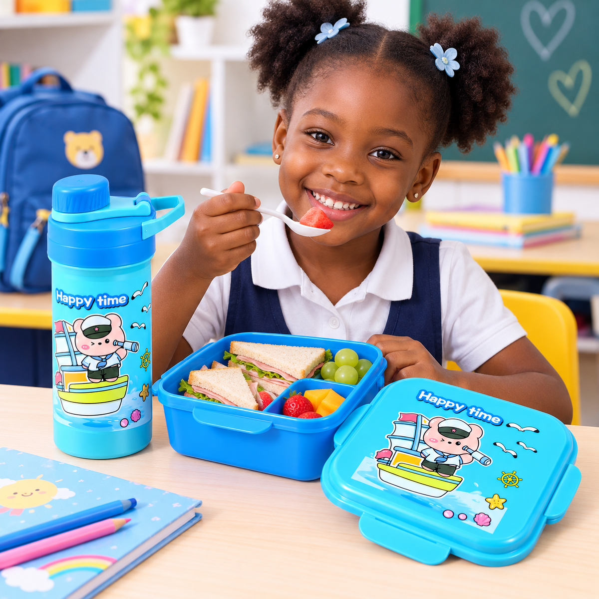 Set Lunch Box + Gourde Enfant Bleu Happy Time – Gourde 500 ml – 14 x 7 cm