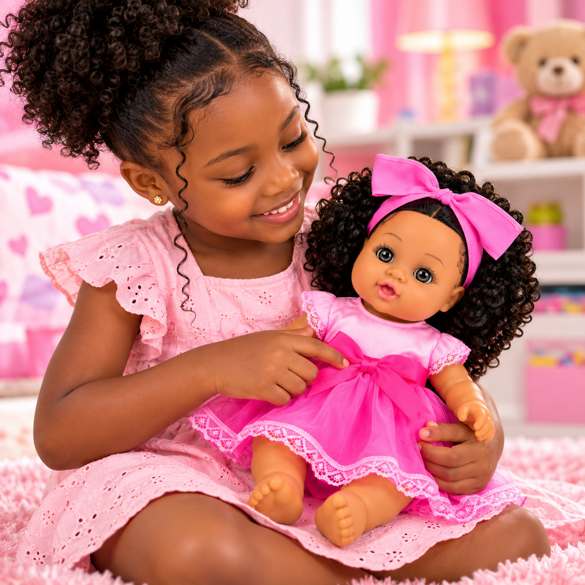 Poupée Bébé Fille Parlante 30 cm – Robe Rose & Grand Nœud