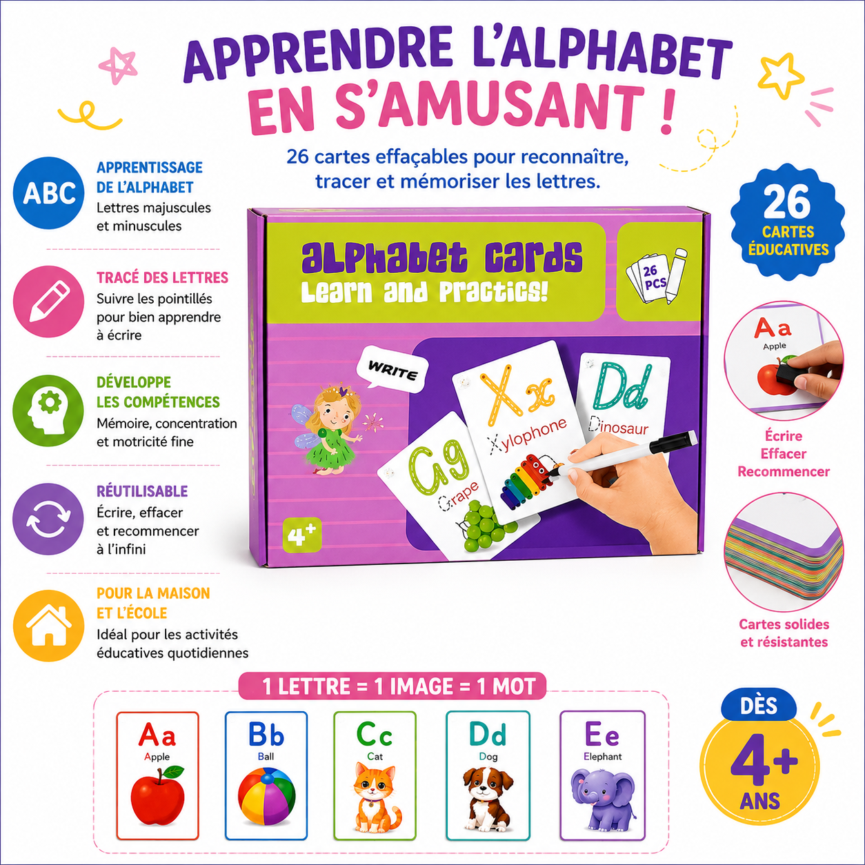 Cartes Alphabet Effaçables – Apprendre & Tracer les Lettres – 26 pièces