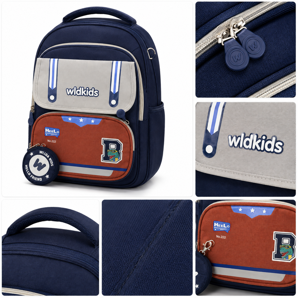 Sac à Dos Scolaire Wldkids - Classes de CE1 & CE2 – Bleu & Gris – Grande Capacité avec Trousse Ronde Amovible