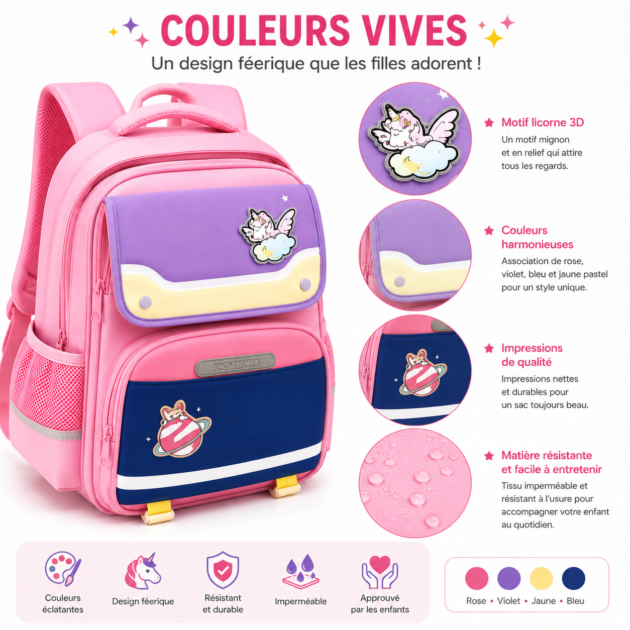 Sac à Dos Scolaire Fille Licorne Rose Classes de CM – Grande Capacité – Dos Respirant – Bretelles Rembourrées