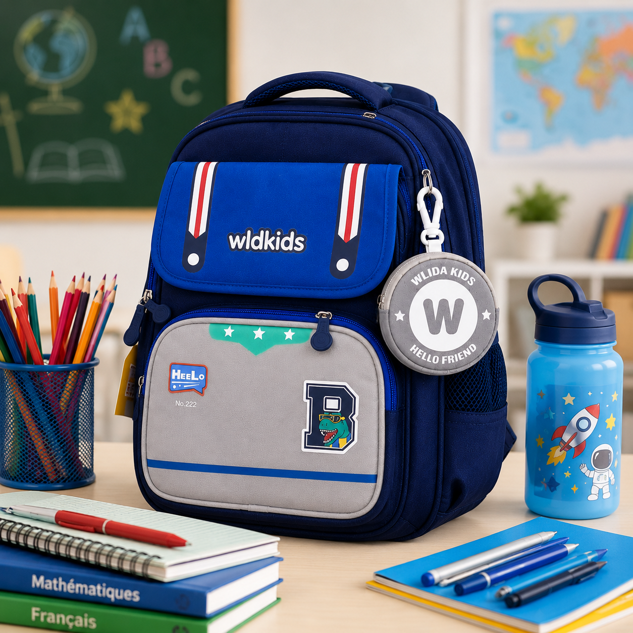Sac à Dos Scolaire Enfant Wldkids Bleu - Classes de CE & CM – Grande Capacité avec Trousse Ronde Amovible