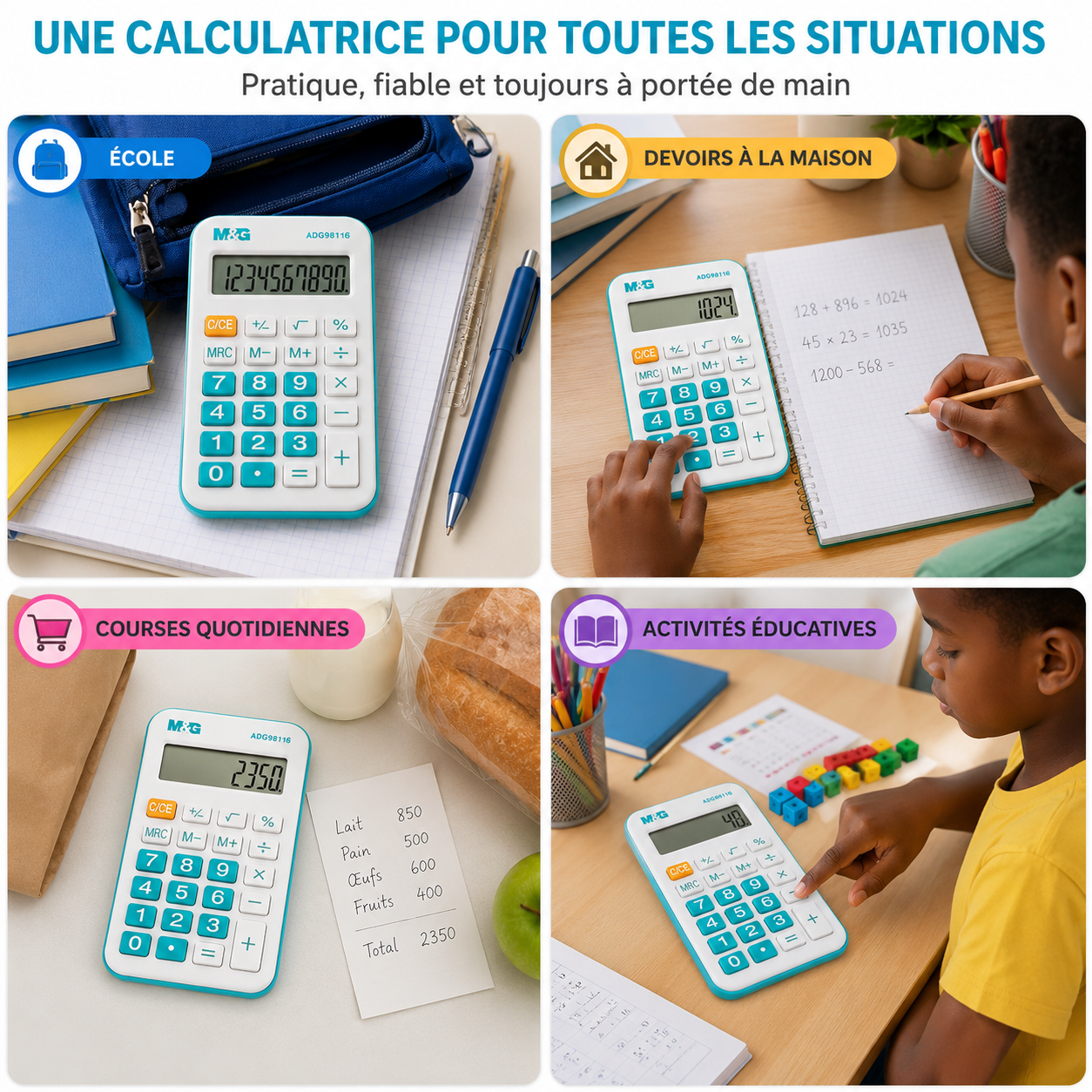 M&G Calculatrice de poche Blanche et Turquoise – Écran LCD et Touches Souples