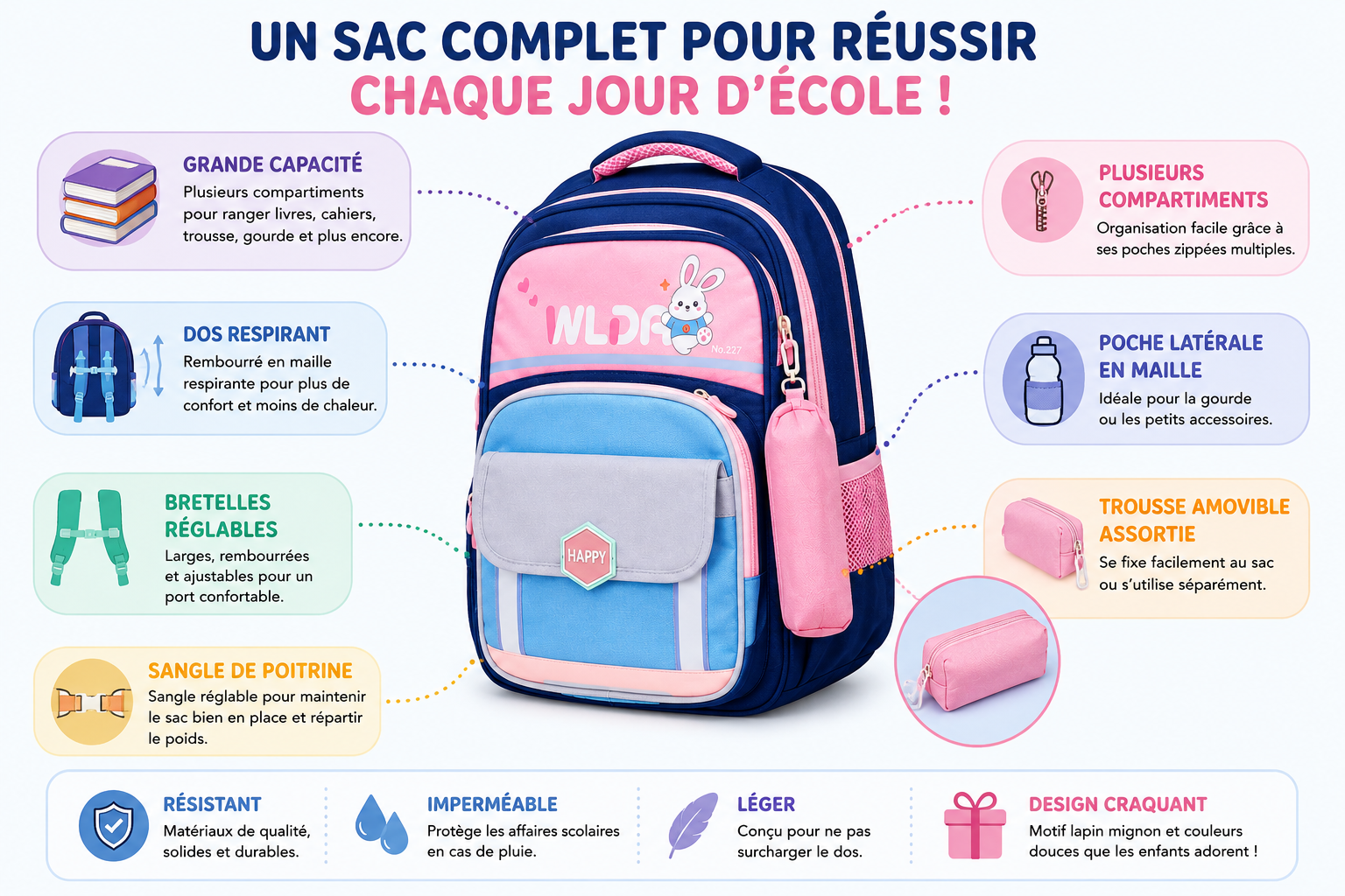 Sac à Dos Scolaire Enfant Lapin WLDA – Classes de CE & CM - Grande Capacité 41 × 30 × 16 cm – Bleu, Rose & Gris