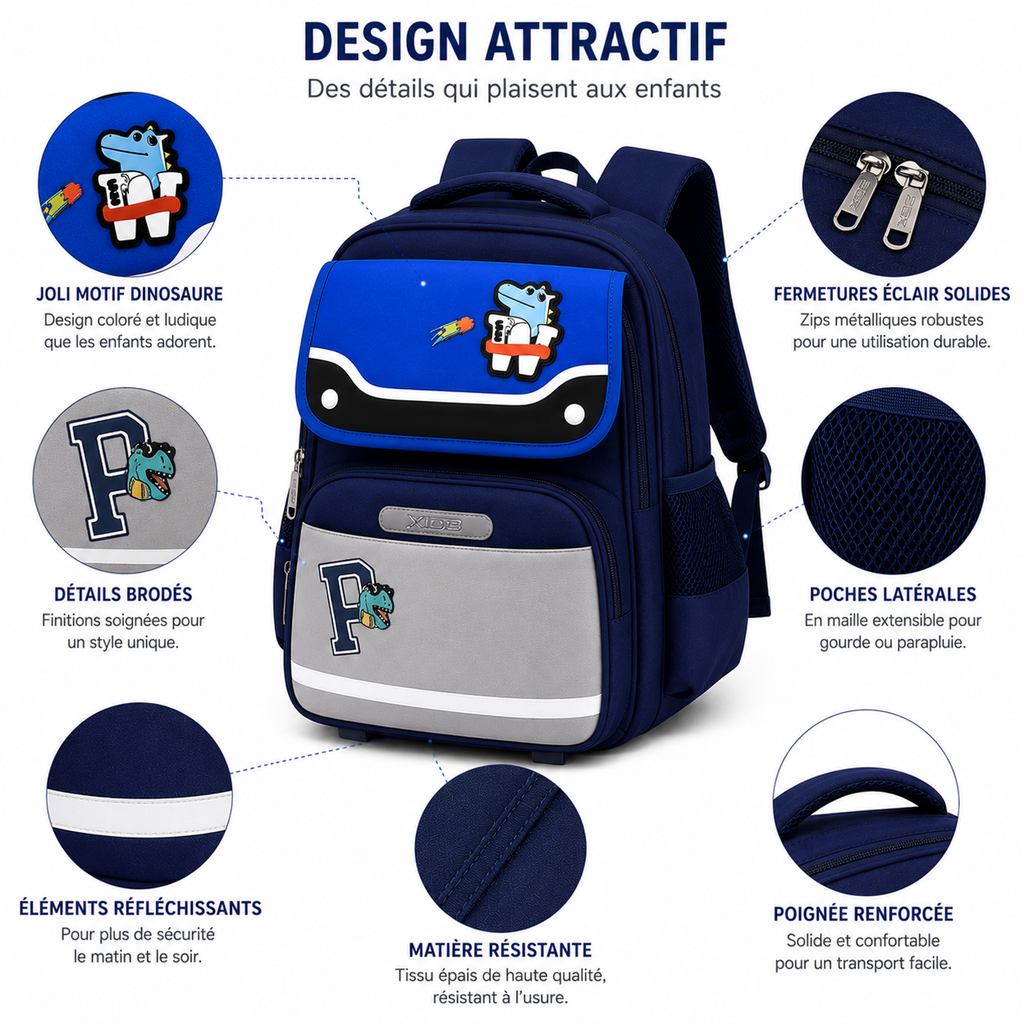 Sac à Dos Scolaire Enfant Dinosaure Bleu Marine & Bleu Royal - Classes de CM – Grande Capacité – Dos Respirant – Bretelles Rembourrées