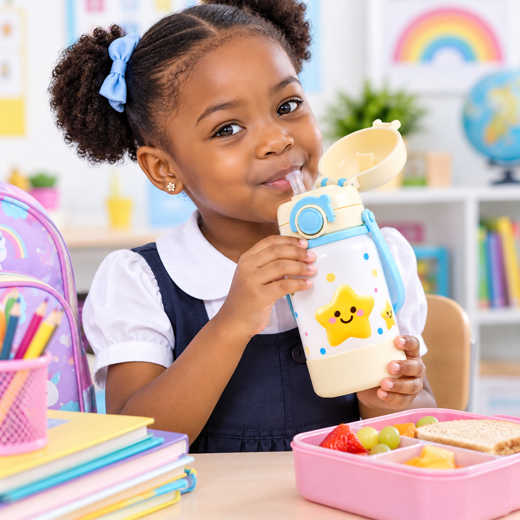 Gourde Enfant avec Paille, Poignée et Couvercle – Motif Étoile - 500 ml