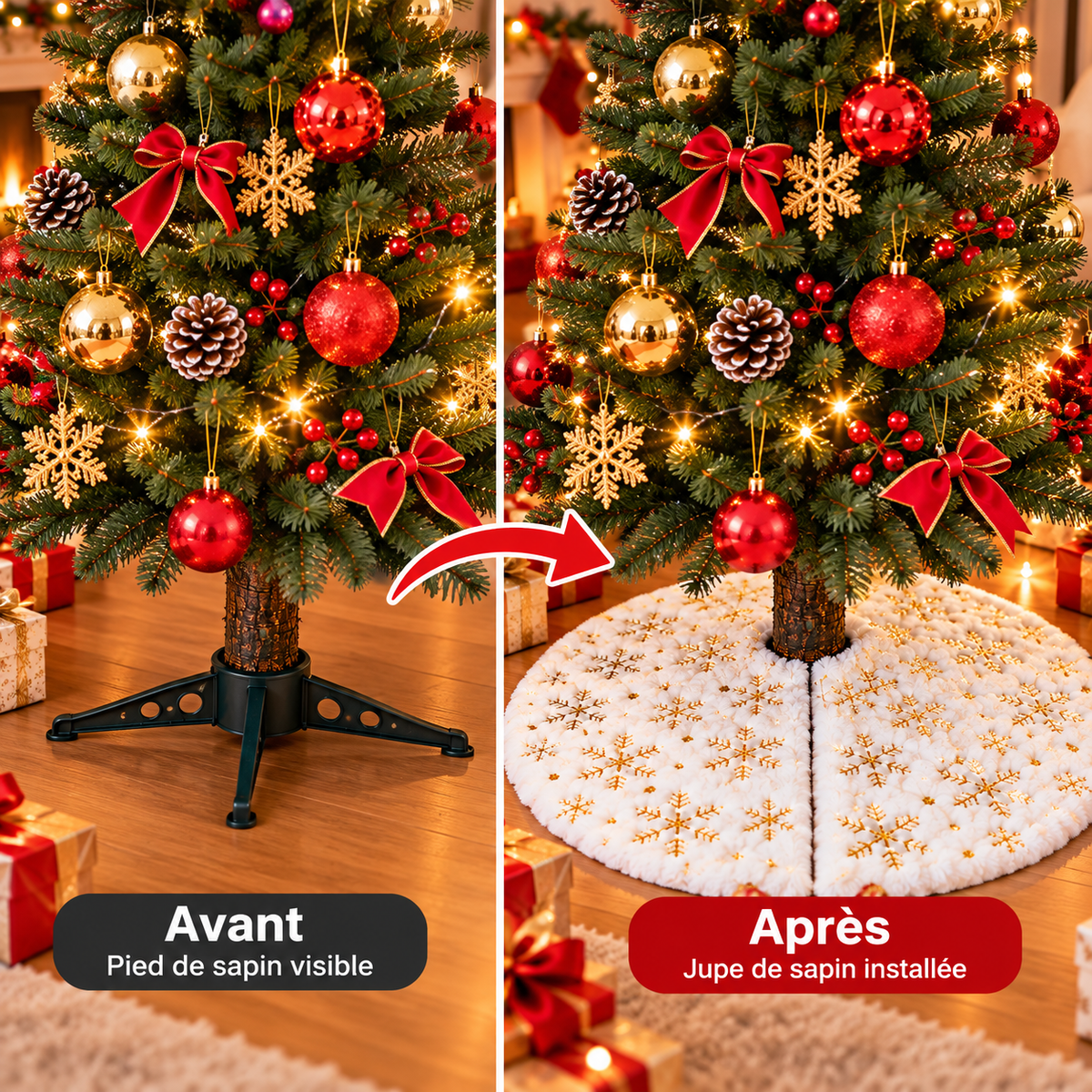Jupe de Sapin de Noël Blanche 60 cm – Effet Fourrure & Flocons Dorés
