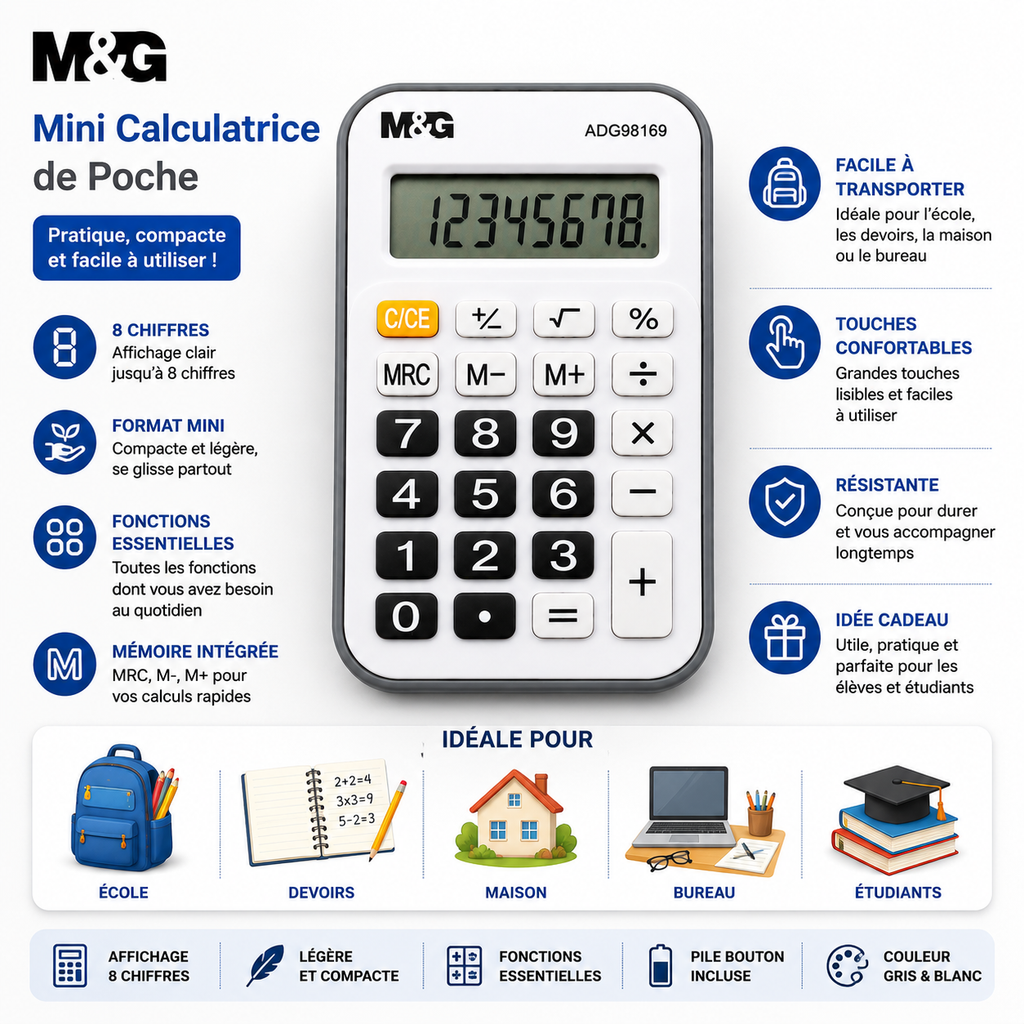 M&G Mini Calculatrice de Poche 8 Chiffres – Gris & Blanc
