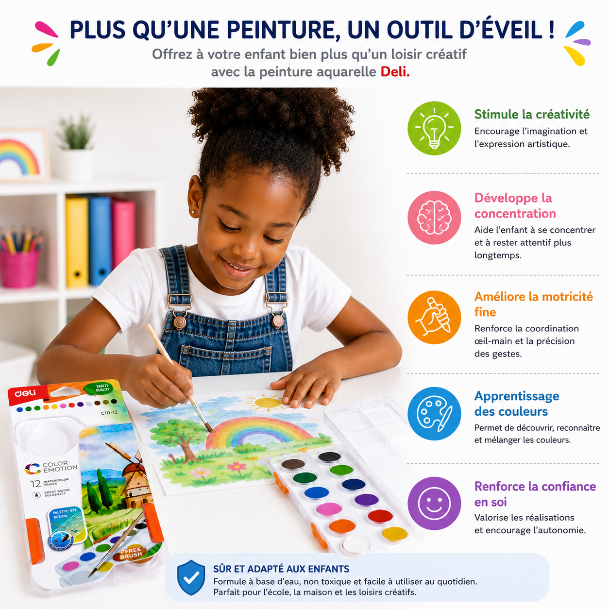 Deli Color Emotion C10-12 Peinture Aquarelle  12 Couleurs – Palette avec Pinceau