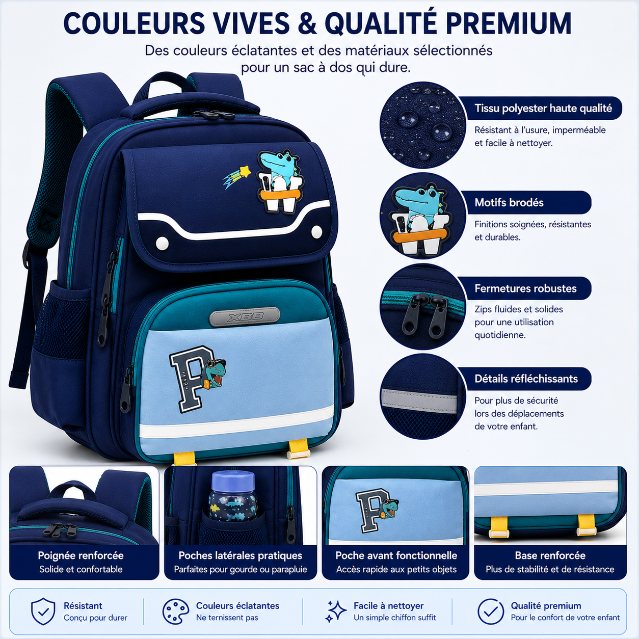 Sac à Dos Scolaire Enfant Dinosaure Bleu Classes de CM – Grande Capacité – Dos Respirant – Bretelles Rembourrées – Kidoo