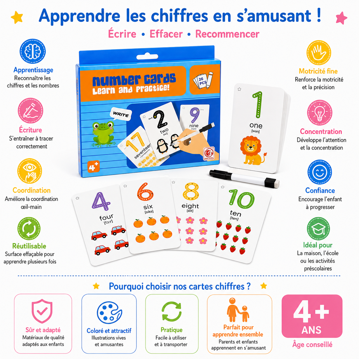 Cartes Chiffres Effaçables – Apprendre à écrire les nombres – 26 pièces