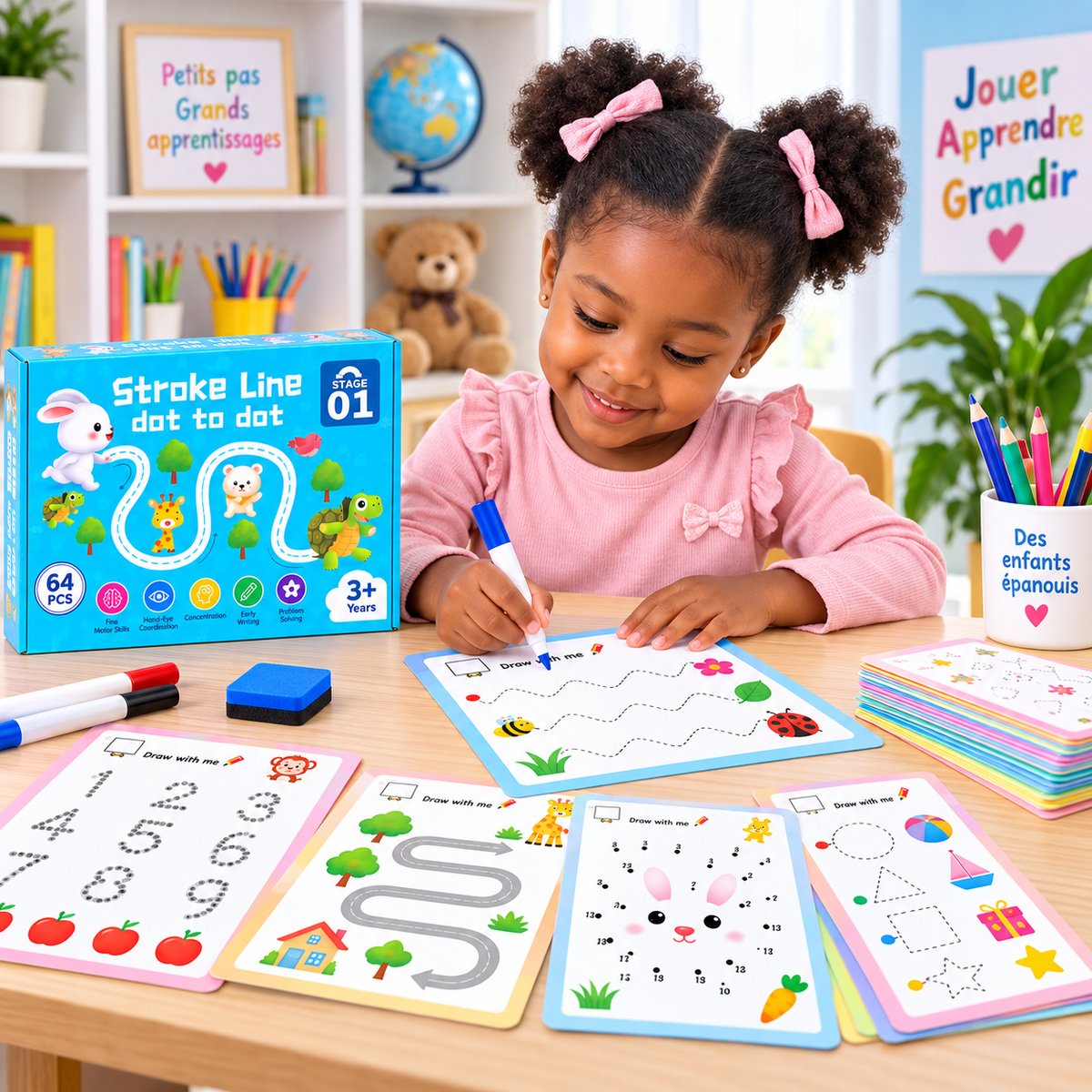 Coffret Éducatif Stroke Line Dot-to-Dot – 64 Activités de Tracé dès 3 Ans