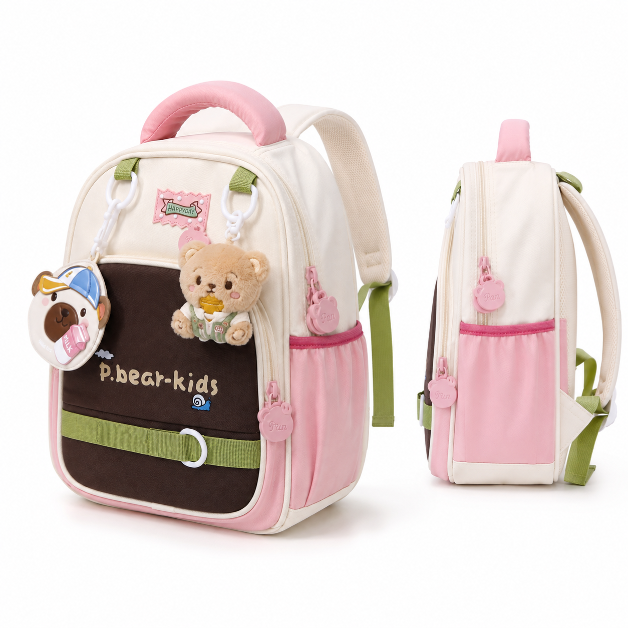 Sac à Dos Maternelle & CP P.Bear Kids Beige, Rose & Vert – 38 × 28 × 15 cm – 2 à 5 Ans