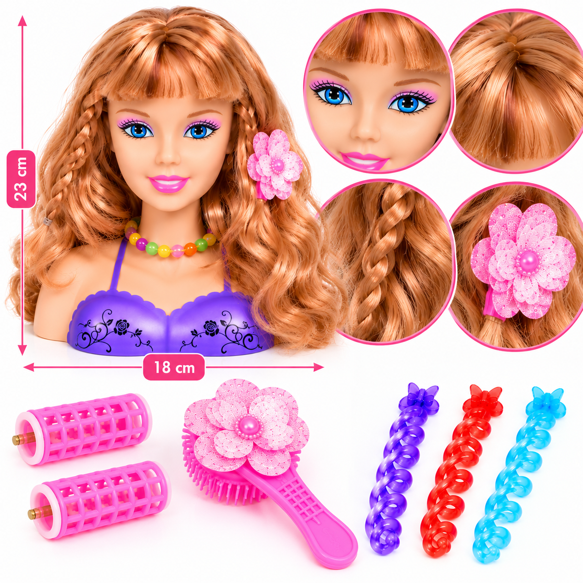 Tête à Coiffer et à Maquiller avec Accessoires – 21 × 8 × 21 cm – Dès 3 Ans
