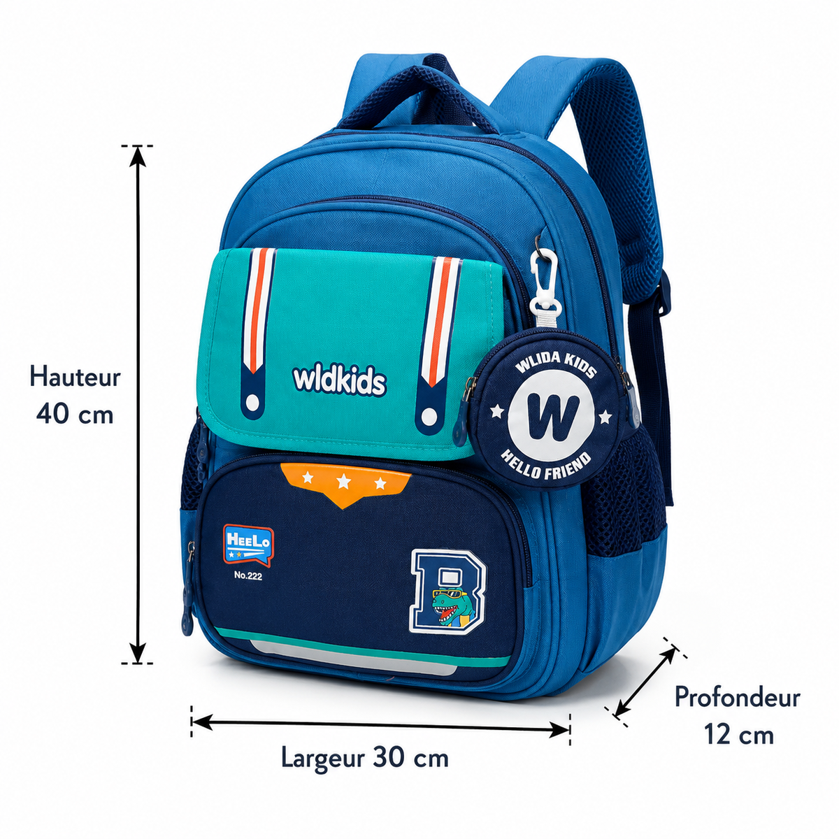 Sac à dos scolaire Wldkids Bleu Vert – Classes de CE1 & CE2 – Grande capacité avec trousse ronde amovible