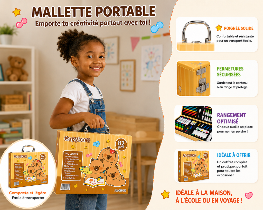 Kit de Dessin Enfant Capybara 82 Pièces – Coffret Créatif Complet pour Enfants