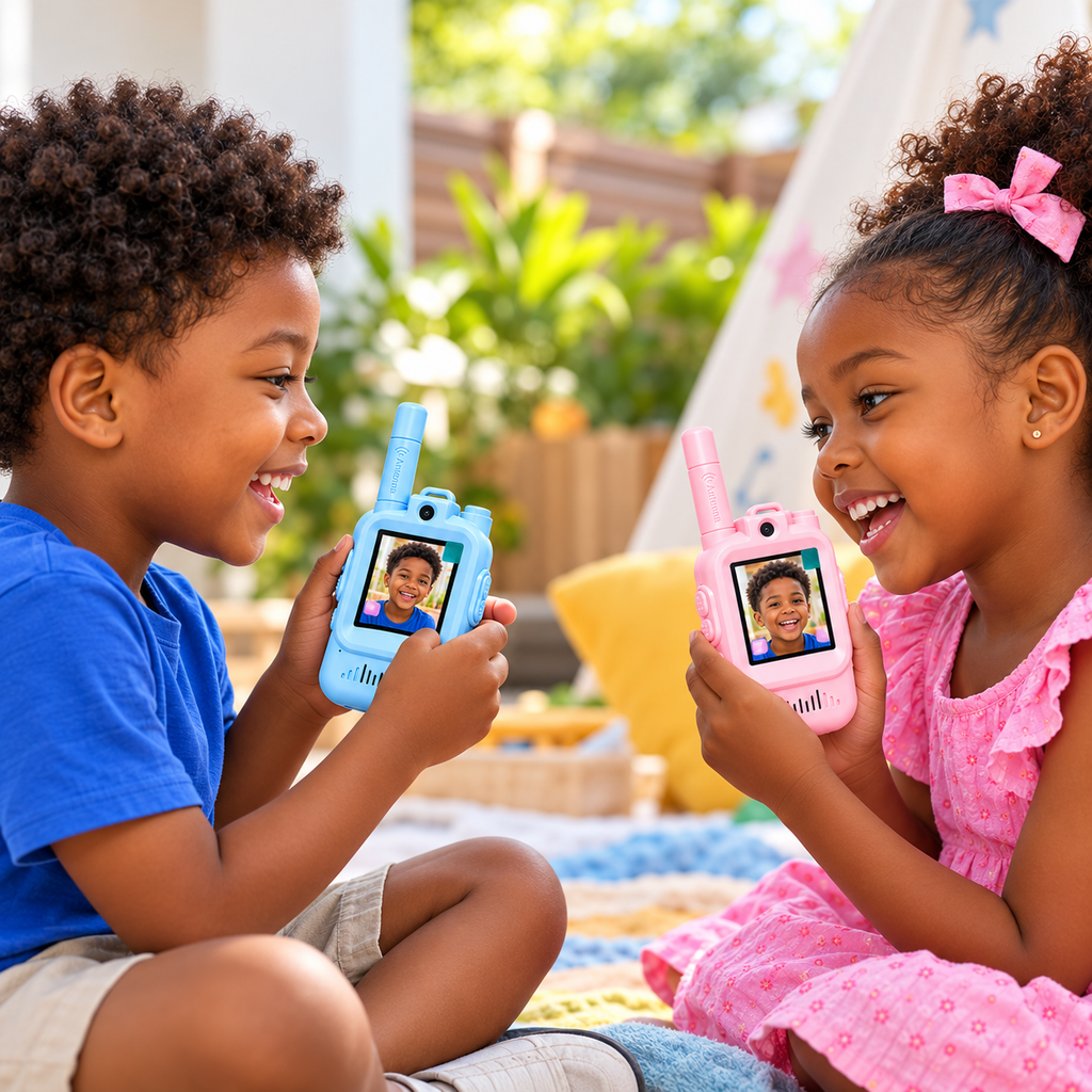 Talkie-Walkies Vidéo Enfant avec Écran 2", Caméra & Photos – Bleu + Rose – Lot de 2