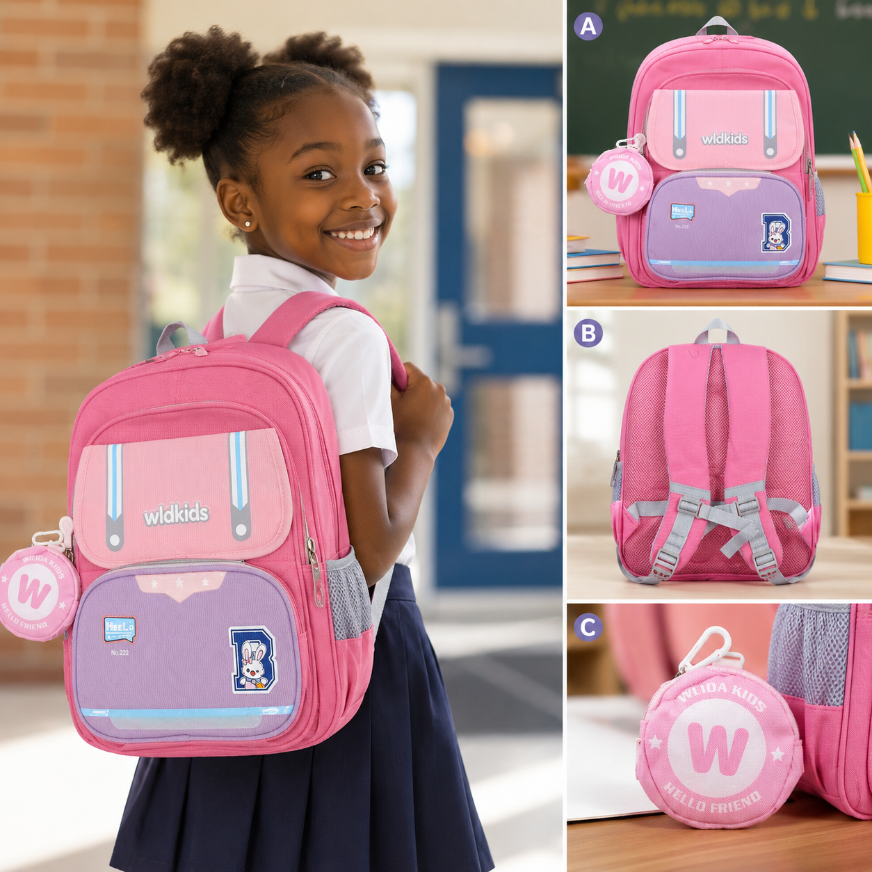 Sac à Dos Scolaire Enfant Wldkids Rose – Classes de CE & CM – Avec Trousse Ronde Amovible