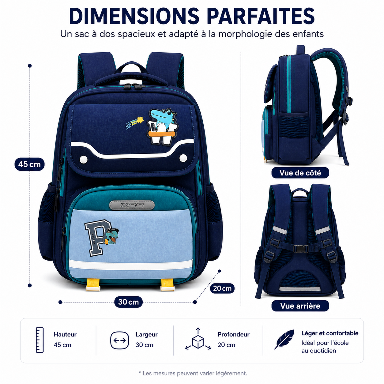 Sac à Dos Scolaire Enfant Dinosaure Bleu Classes de CM – Grande Capacité – Dos Respirant – Bretelles Rembourrées – Kidoo