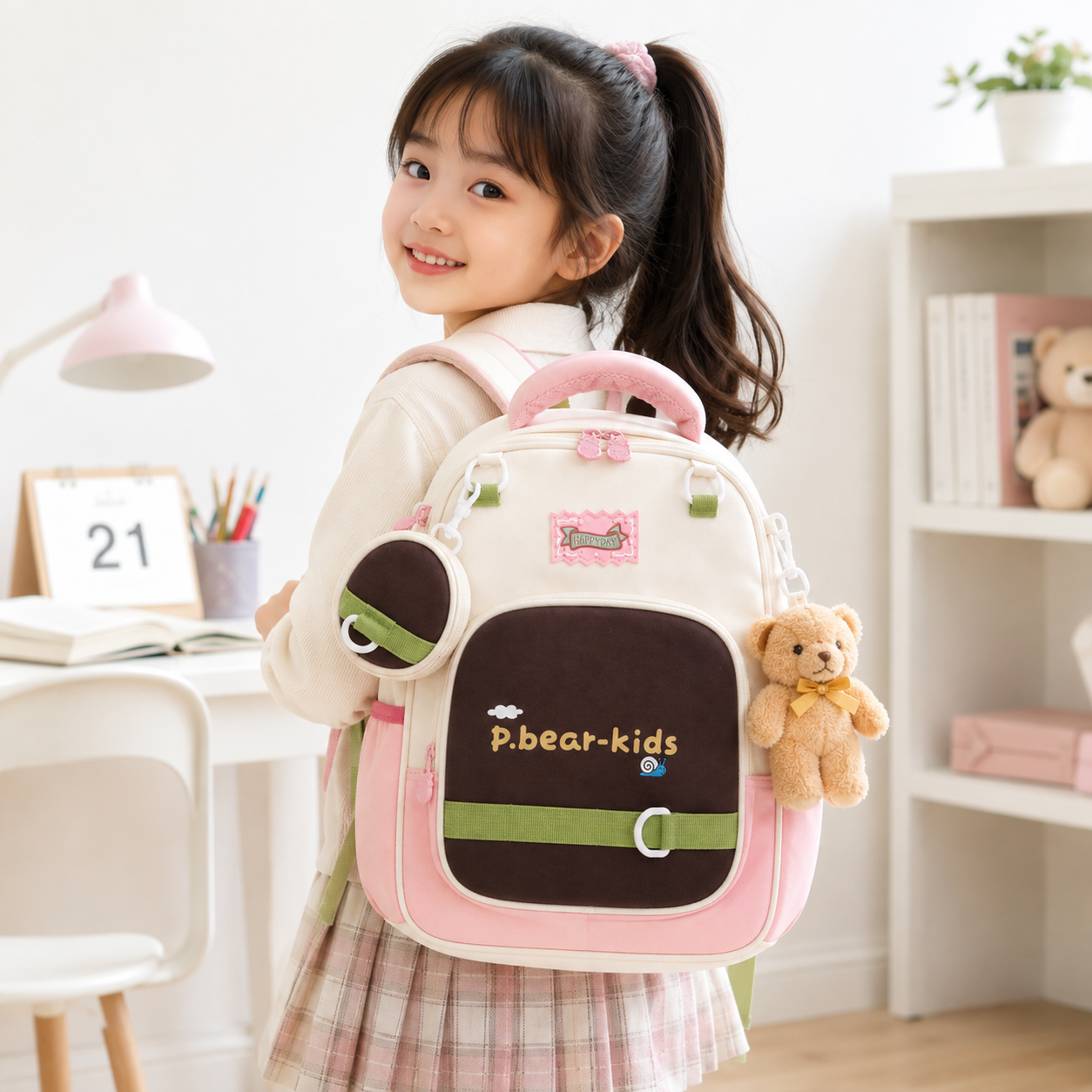 Sac à Dos Maternelle & CP P.Bear Kids Beige, Rose & Vert – 38 × 28 × 15 cm – 2 à 5 Ans
