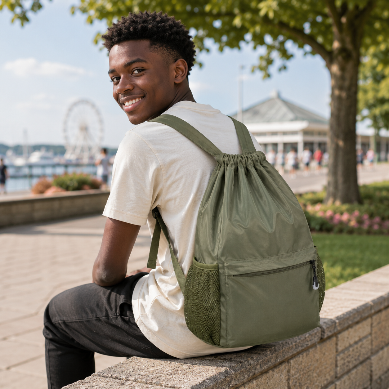 Sac à Dos à Cordon Vert Kaki - 40 cm – Léger, Spacieux et Polyvalent