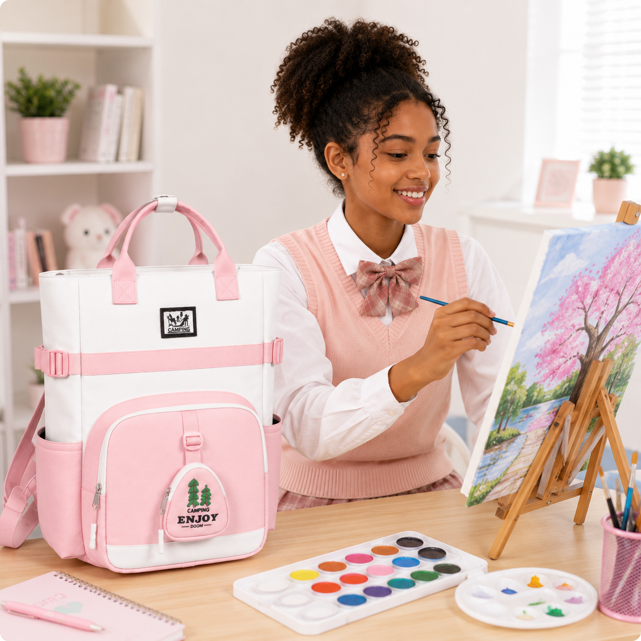 Sac à Dos Scolaire Fille Style Coréen en Toile - Rose et Blanc- Collège & Lycées