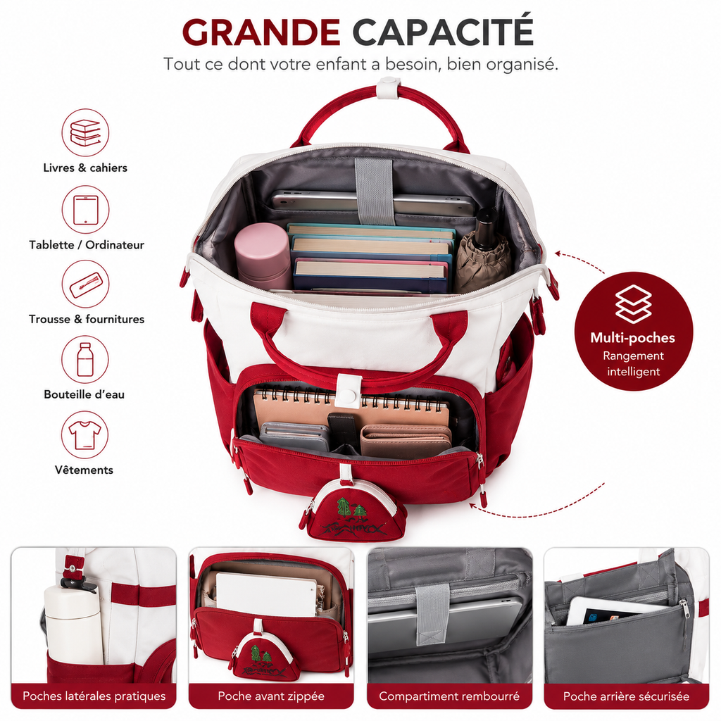 Sac à Dos Scolaire Fille Style Coréen en Toile - Rouge et Blanc – Collège & Lycée