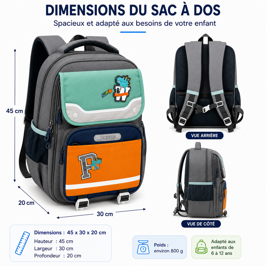 Sac à Dos Scolaire Enfant Dinosaure Classes de CM – Grande Capacité – Confort & Sécurité - Bleu