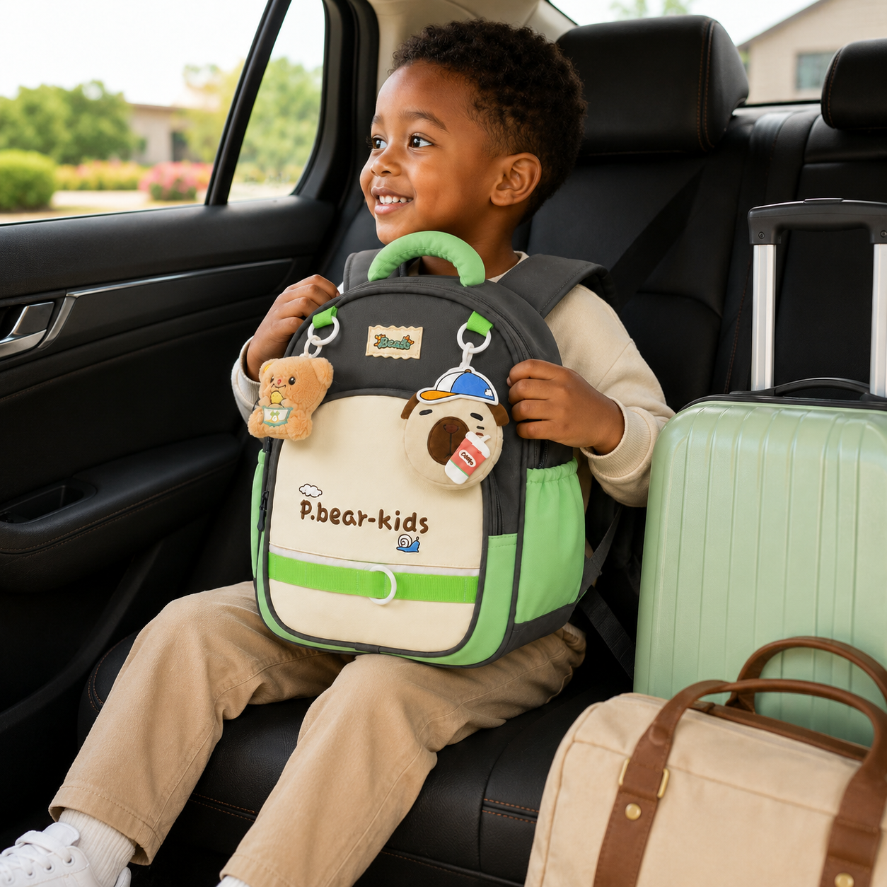 Sac à Dos Maternelle P.Bear Kids Gris, Beige et Vert – Enfant 2 à 5 Ans