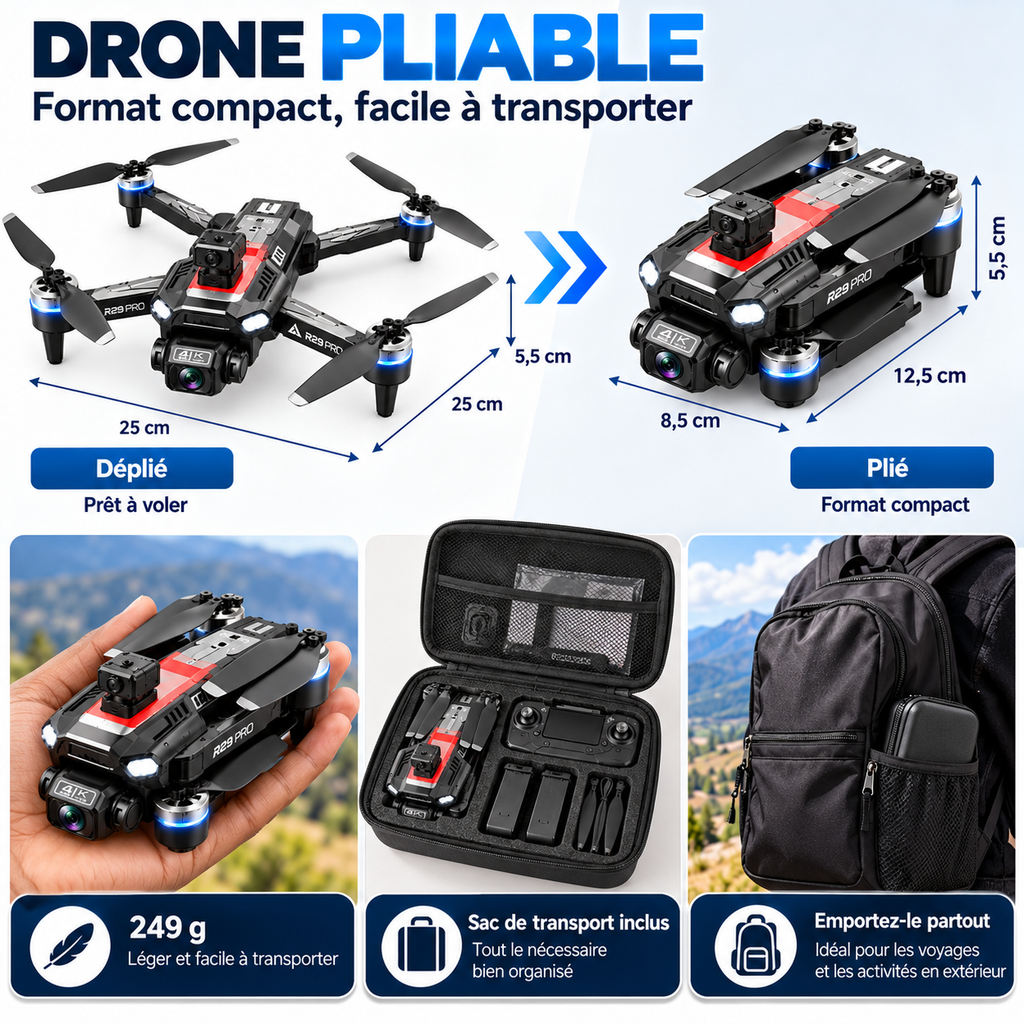 Drone R29 Pro GPS Pliable – Caméra 4K – Brushless – Double Batterie – Retour Automatique