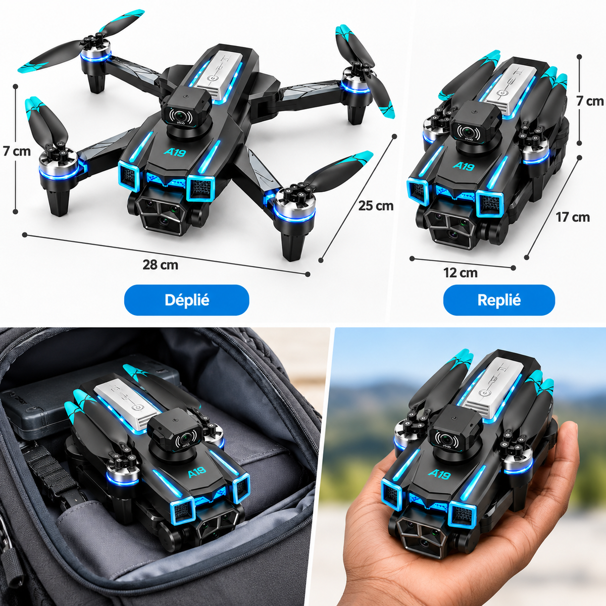 Drone A19 Pro Pliable – Caméra HD – Évitement d’Obstacles – Télécommande avec Écran