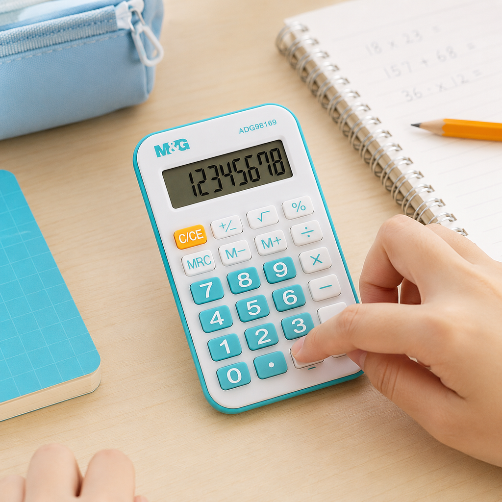 M&G Calculatrice de poche Blanche et Turquoise – Écran LCD et Touches Souples