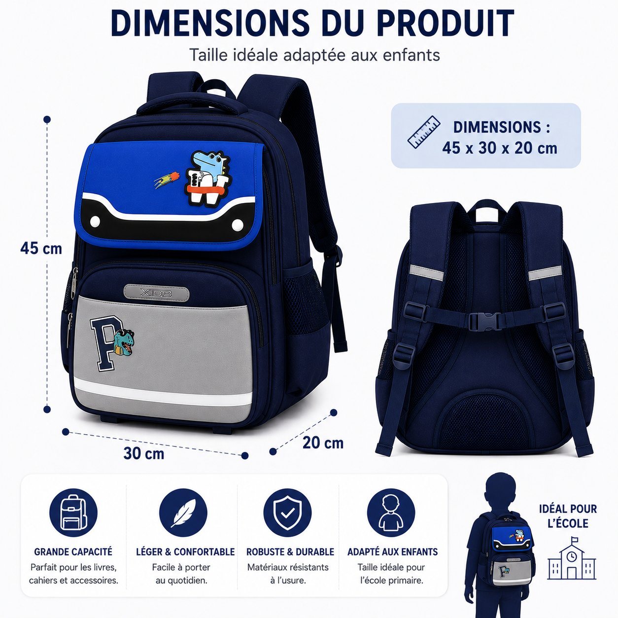 Sac à Dos Scolaire Enfant Dinosaure Bleu Marine & Bleu Royal - Classes de CM – Grande Capacité – Dos Respirant – Bretelles Rembourrées