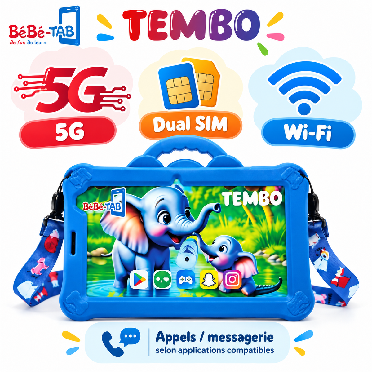 Tablette Enfant BéBé-TAB TEMBO 7" – Android – 8 Go + 512 Go – 5G Dual SIM