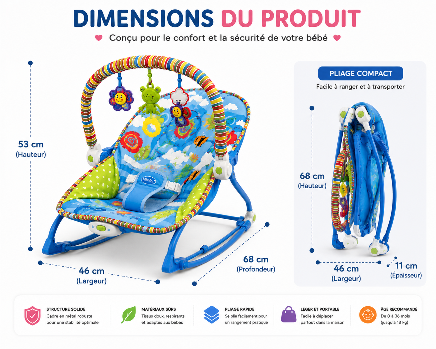 iBaby Transat Bébé Évolutif 2 en 1 avec Musique & Vibrations – Rose ou Bleu