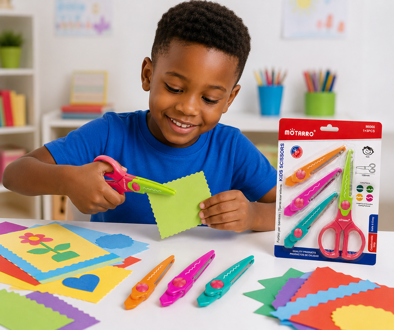 MOTARRO Ciseaux Créatifs Enfant  4 en 1 – Kit de Découpe Scolaire avec 3 Lames Fantaisie