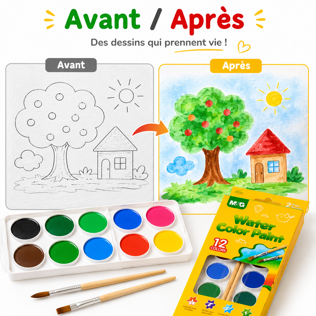 Boîte de Peinture Aquarelle M&G 12 Couleurs avec 2 Pinceaux – Kit Créatif Enfant