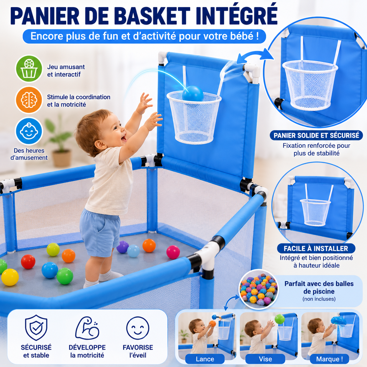 Parc Bébé Happy Game Fence – Aire de Jeu Sécurisée avec Filet Respirant & Panier de Basket
