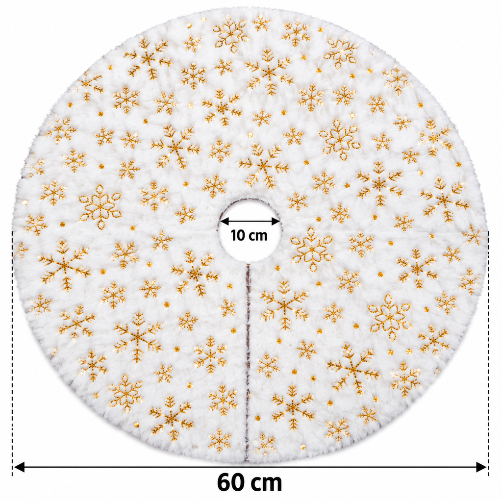 Jupe de Sapin de Noël Blanche 60 cm – Effet Fourrure & Flocons Dorés