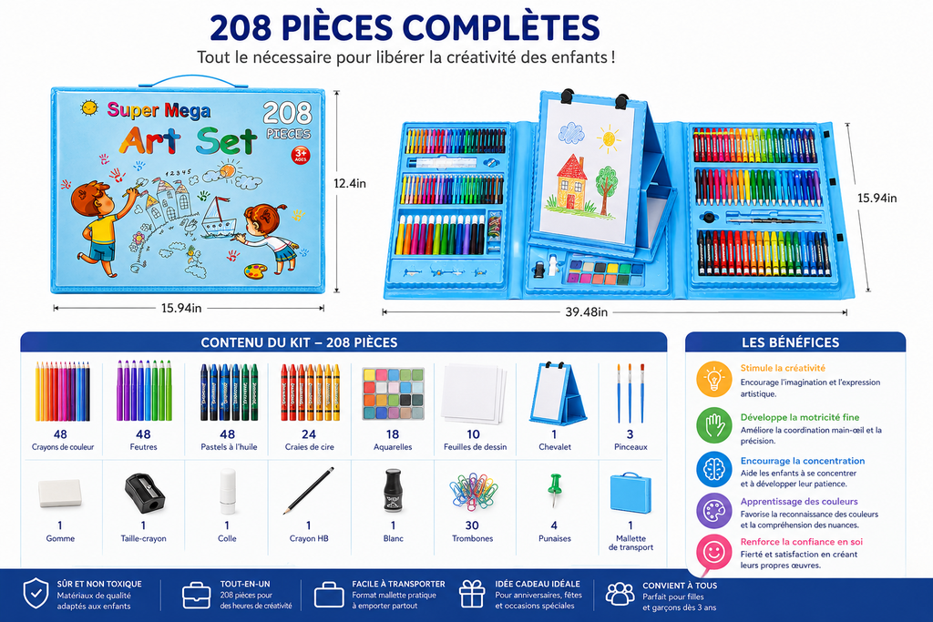 Coffret Dessin & Peinture Super Mega Art Set 208 Pièces – Kit Créatif Complet pour Enfants 3 Ans et +